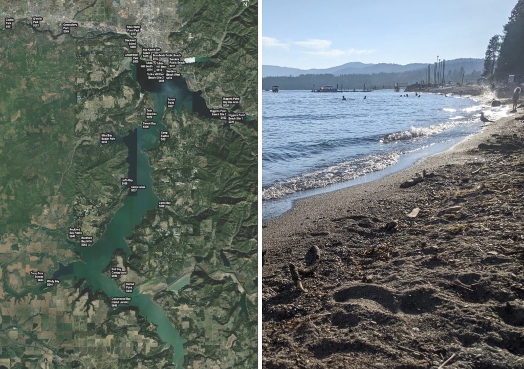 Samples were collected from 32 recreational sites, including popular beaches such as Cheamkwet Park, Sanders Beach, Tubbs Hill, Mica Bay, Harlow Point, and Corbin Park.