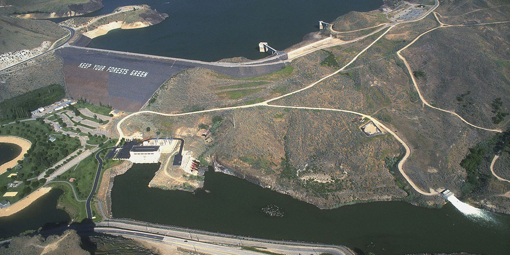 arial view of a dam showing stream water being released