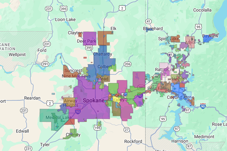 map showing Spokane and Kootenai country water providers