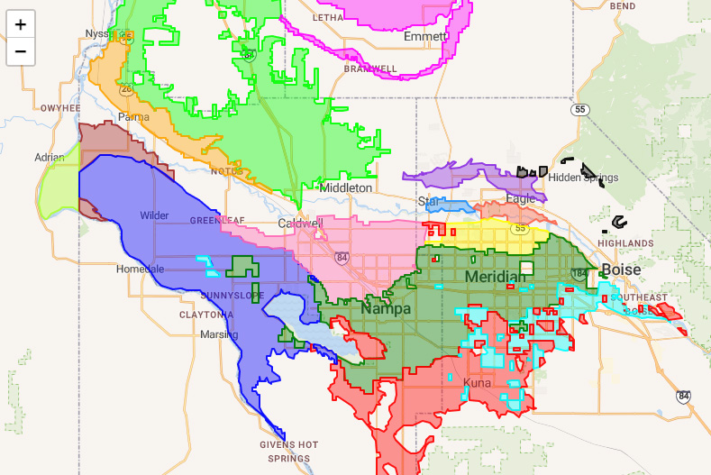 Map showing treasure valley irrigation districts