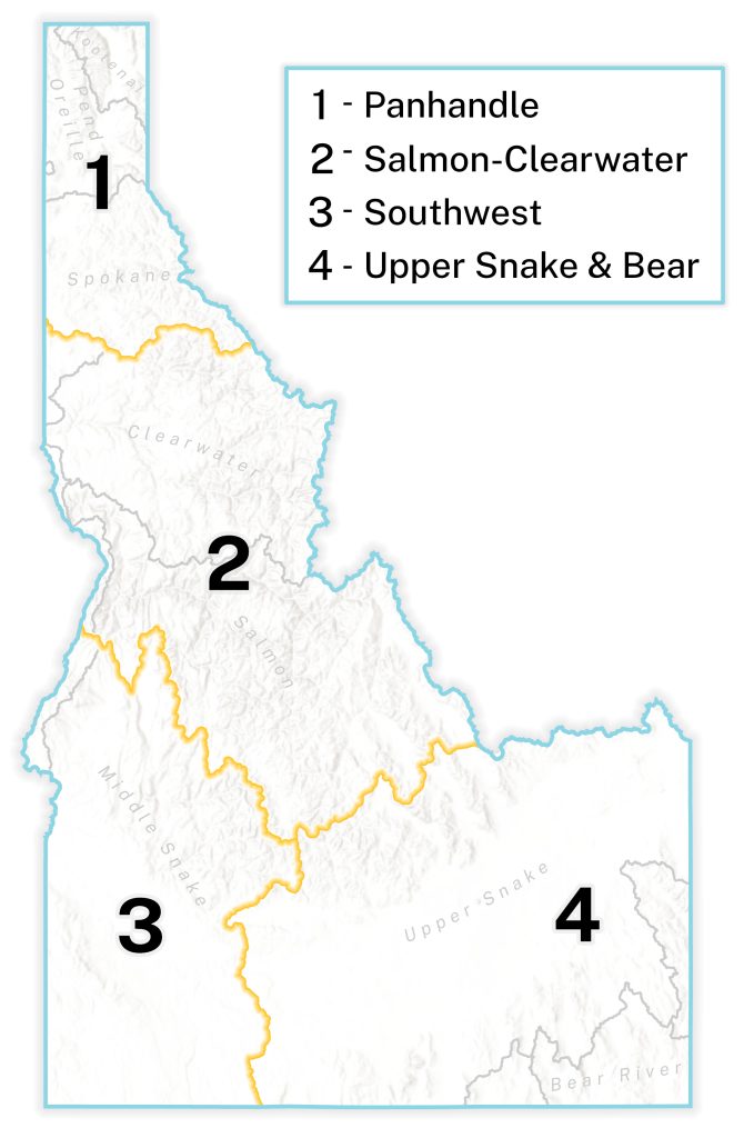 Map of Idaho identifying research areas: Panhandle, Salmon-Clearwater, Southwest, Upper Snake & Bear